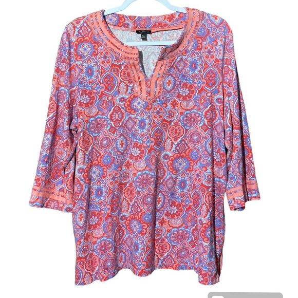 Talbots Pink Paisley Split Neck Pima Cotton Blend 3/4 Sleeve Blouse Women's XLP - Picture 2 of 16